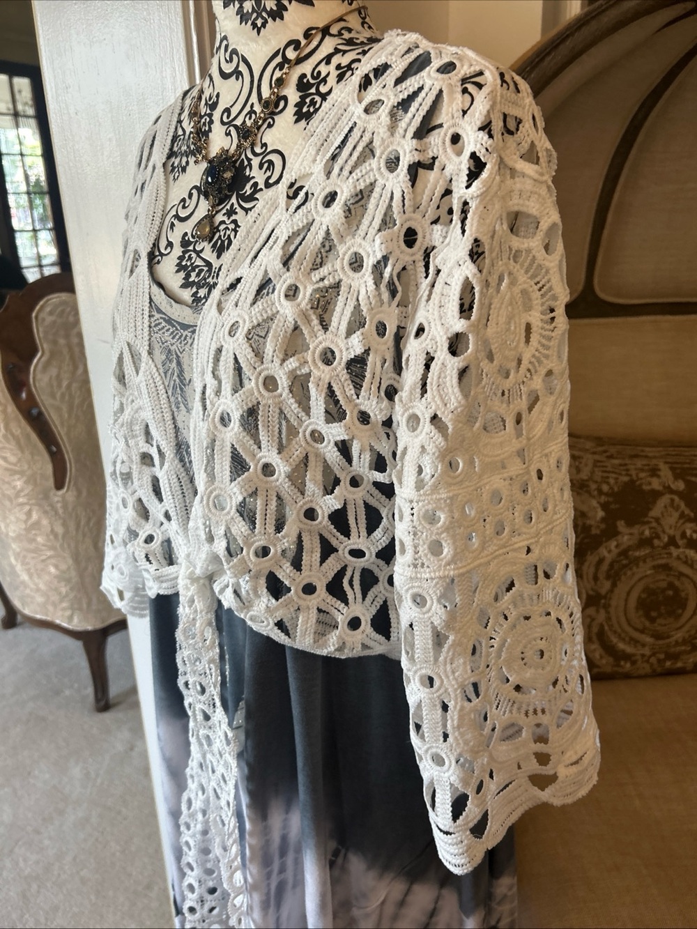 NWT White Crocheted Crop CardiganSweater with Tie Front Closure OS
